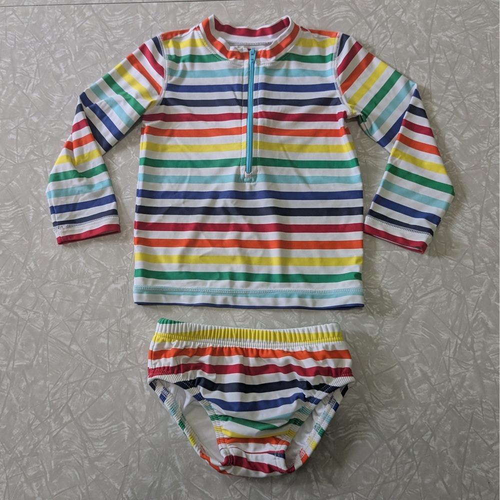 Primary Baby Rainbow Stripe Rash Guard Swim Diaper Set 12-18 Months Long Sleeve